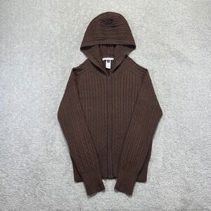 VINTAGE Y2k Gap Sweater Womens Medium Brown Stretch Cable Knit Zip Up Hooded